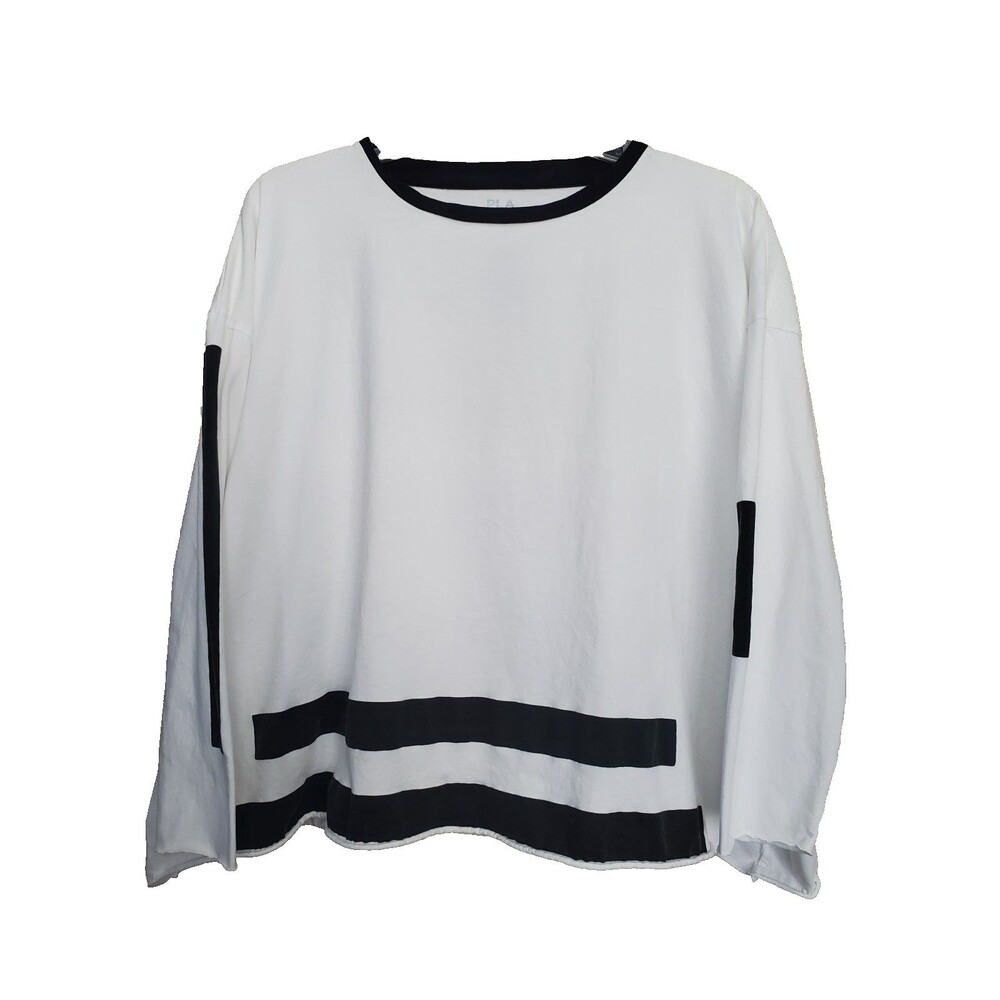 Planet by Lauren G White Pima Cotton Top Black Stripe Accents Roll-Hem One Size